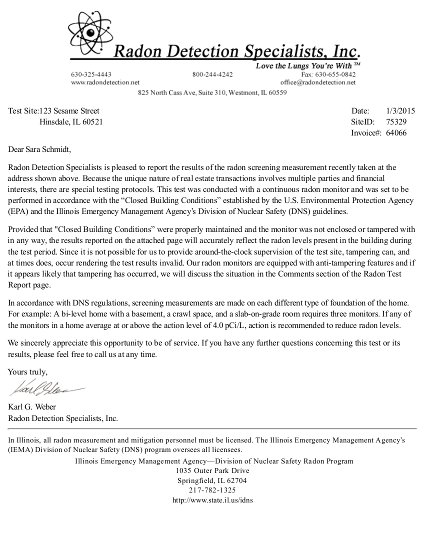 home inspection sample radon report